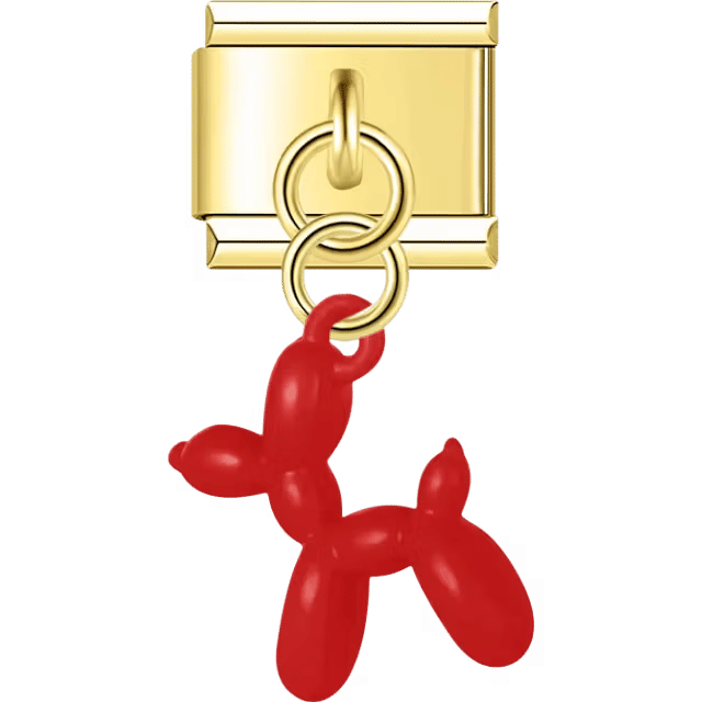 Gold Italian charm dangle with a red balloon dog figurine hanging from two gold rings.